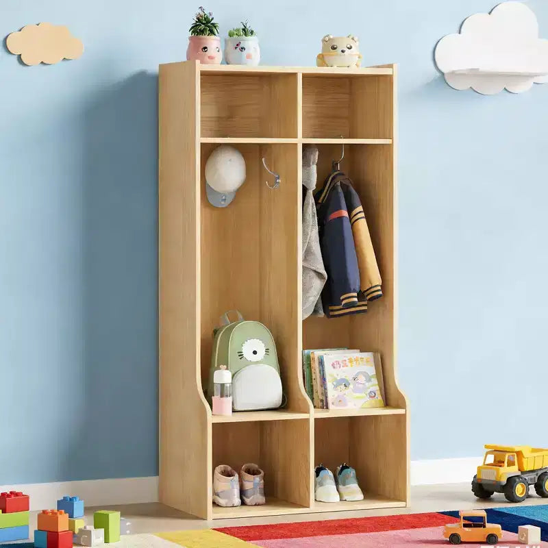 Natural / Blanco, casillero para niños de 2 secciones con 4 ganchos y 4 cubículos, 1 persona