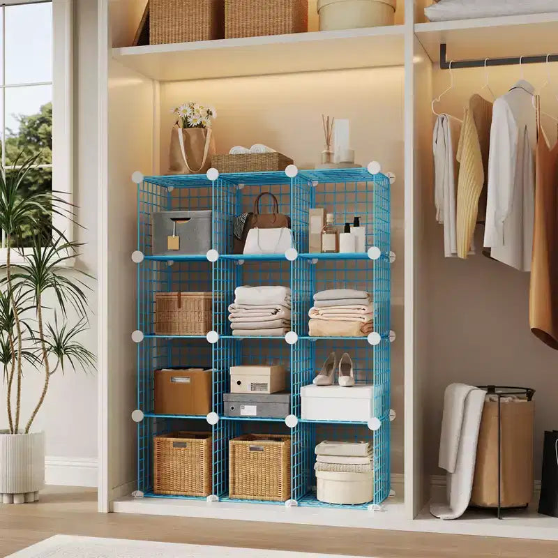 Organizador de almacenamiento Blue Wire Cube, 12 cubos, montaje para 1 persona