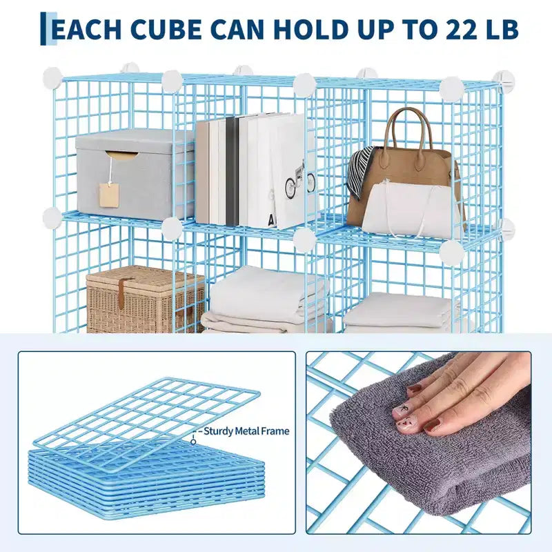 Organizador de almacenamiento Blue Wire Cube, 12 cubos, montaje para 1 persona