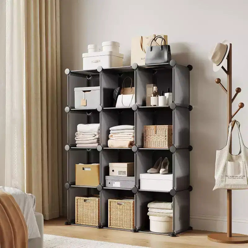 Organizador de almacenamiento de PVC gris de 12 cubos, apilable, montaje para 1 persona