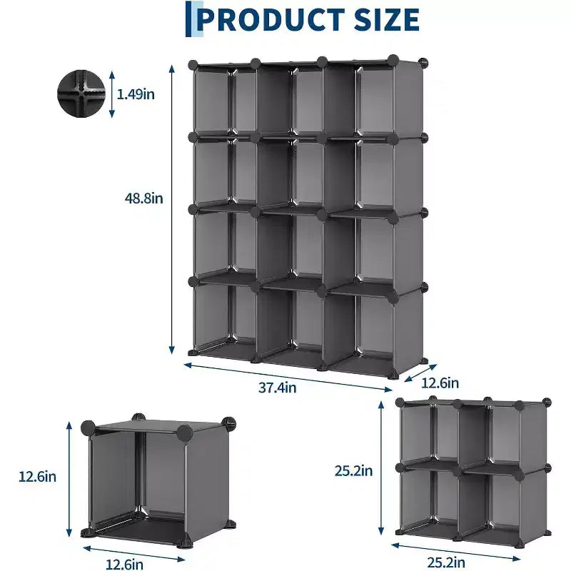 Organizador de almacenamiento de PVC gris de 12 cubos, apilable, montaje para 1 persona