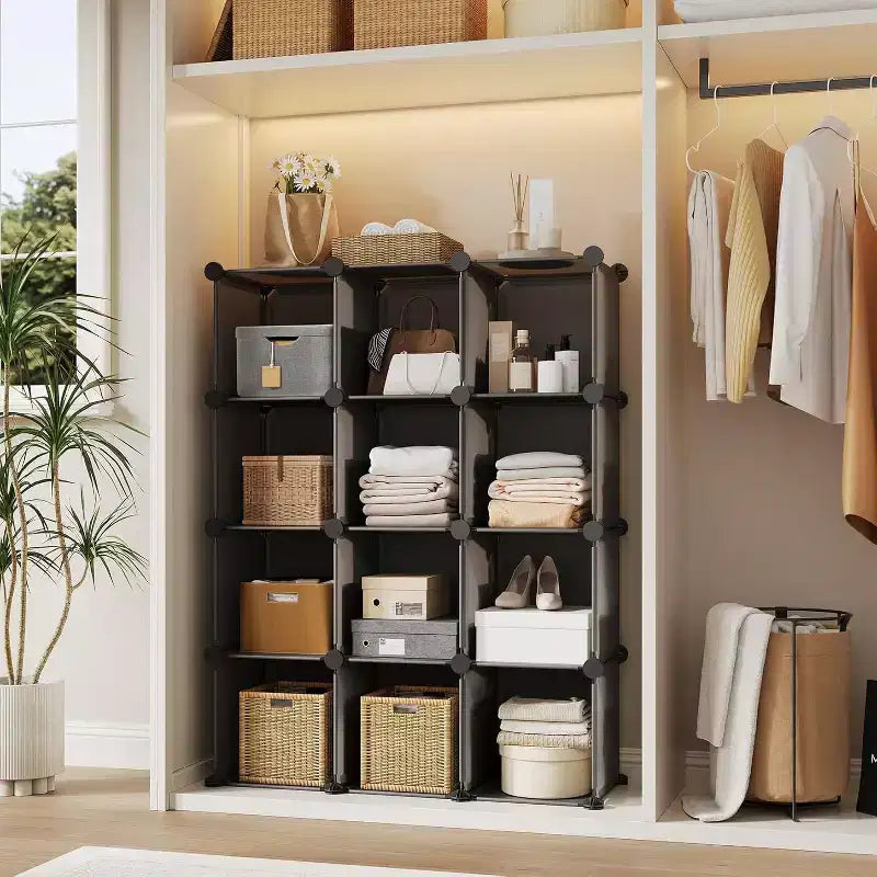 Organizador de almacenamiento de PVC gris de 12 cubos, apilable, montaje para 1 persona