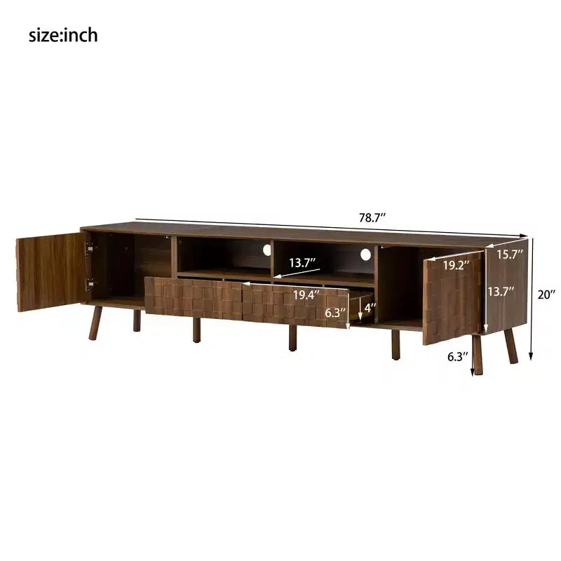 Mueble de TV blanco con frente geométrico y cajones, apto para televisores de hasta 85"