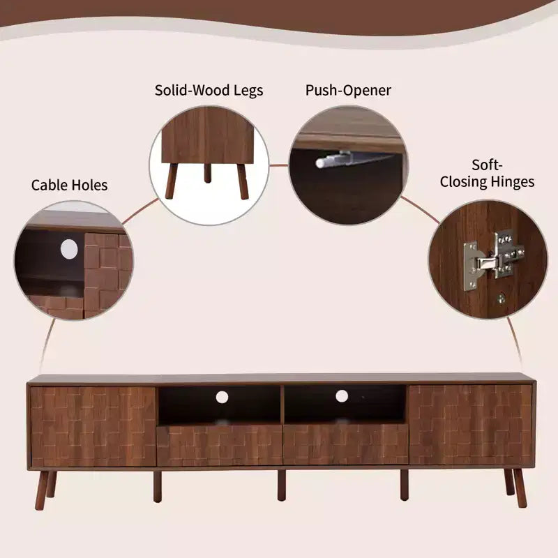 Mueble de TV blanco con frente geométrico y cajones, apto para televisores de hasta 85"