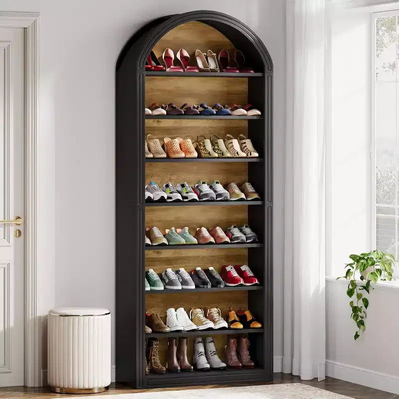 Lantine Shoe Storage Cabinet, 8-Tier Tall Black Shoe Organizer Cabinet, Large Wooden Freestanding Shoe Rack for Closet Entryway