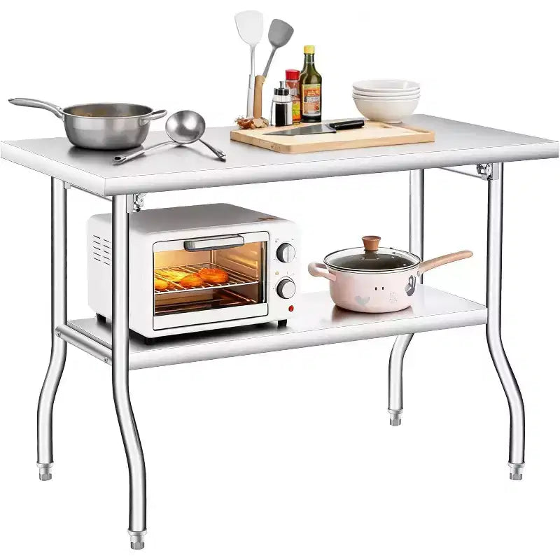 Mesa de preparación plegable de acero inoxidable plateado, capa simple/doble, con capacidad para hasta 4 personas