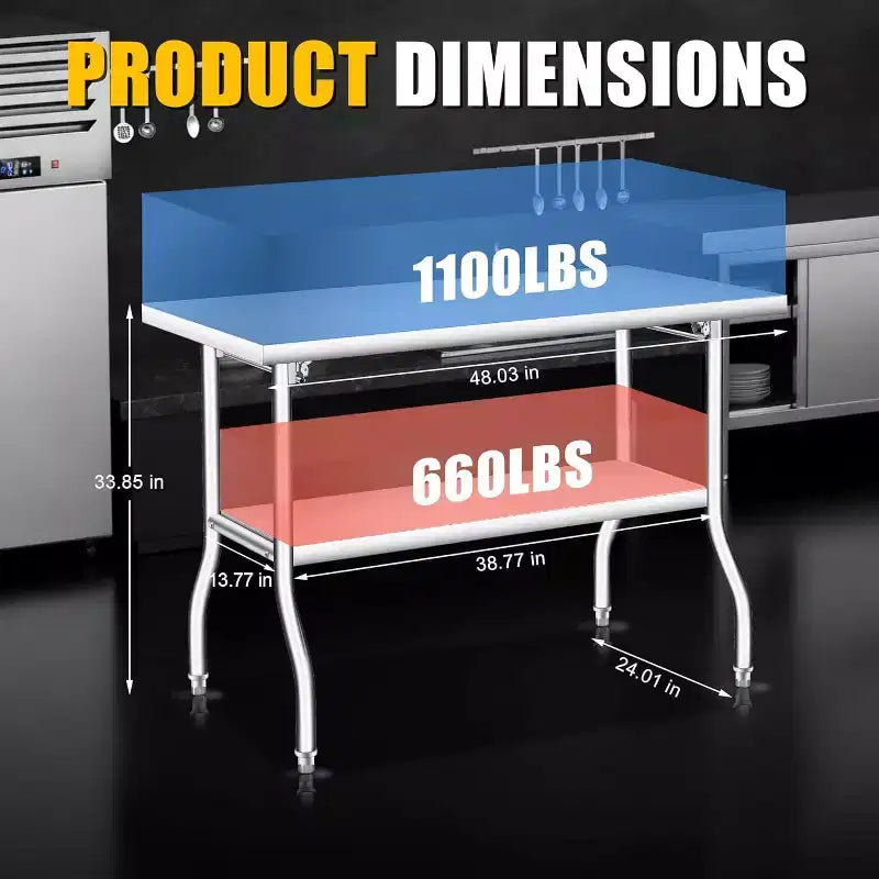 Mesa de preparación plegable de acero inoxidable plateado, capa simple/doble, con capacidad para hasta 4 personas