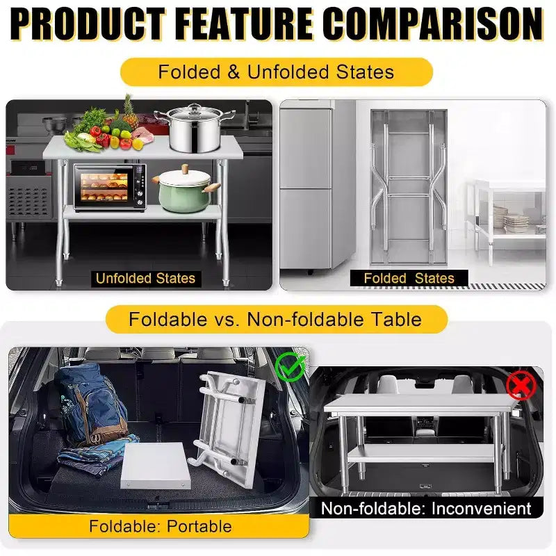 Mesa de preparación plegable de acero inoxidable plateado, capa simple/doble, con capacidad para hasta 4 personas