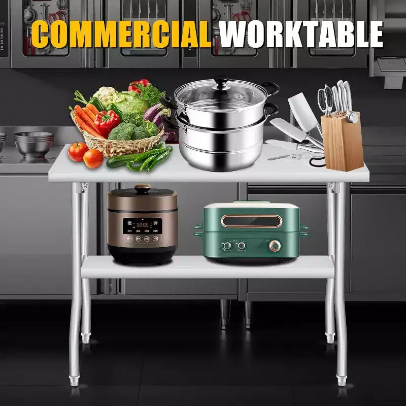 Mesa de preparación plegable de acero inoxidable plateado, capa simple/doble, con capacidad para hasta 4 personas