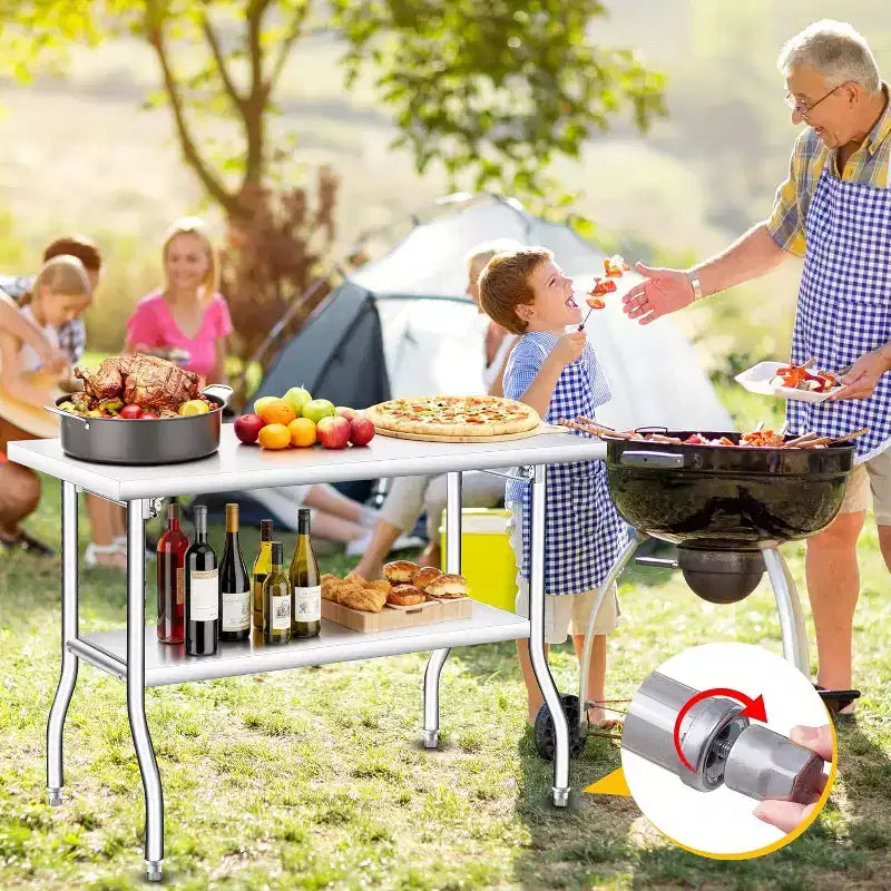 Mesa de preparación plegable de acero inoxidable plateado, capa simple/doble, con capacidad para hasta 4 personas