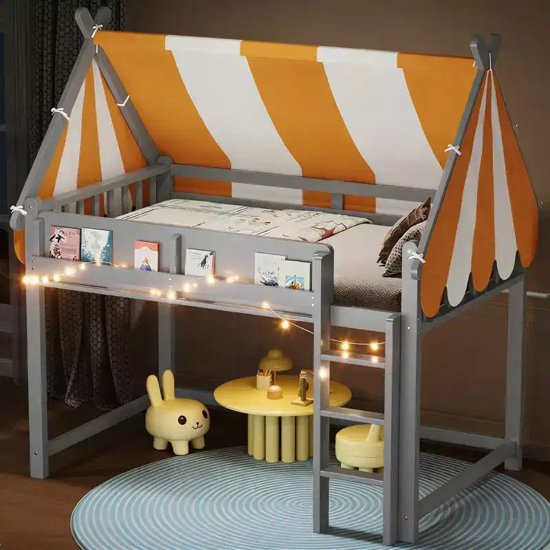 Cama alta con dosel a rayas grises/blancas con estantería y escalera, individual/matrimonial, para 1 persona
