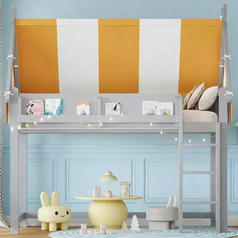 Cama alta con dosel a rayas grises/blancas con estantería y escalera, individual/matrimonial, para 1 persona