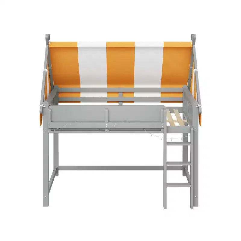 Cama alta con dosel a rayas grises/blancas con estantería y escalera, individual/matrimonial, para 1 persona