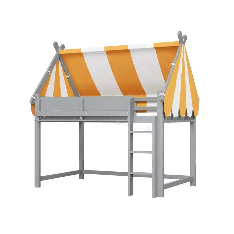 Cama alta con dosel a rayas grises/blancas con estantería y escalera, individual/matrimonial, para 1 persona