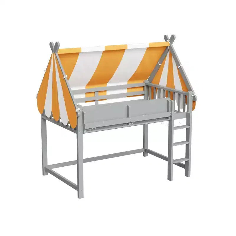 Cama alta con dosel a rayas grises/blancas con estantería y escalera, individual/matrimonial, para 1 persona