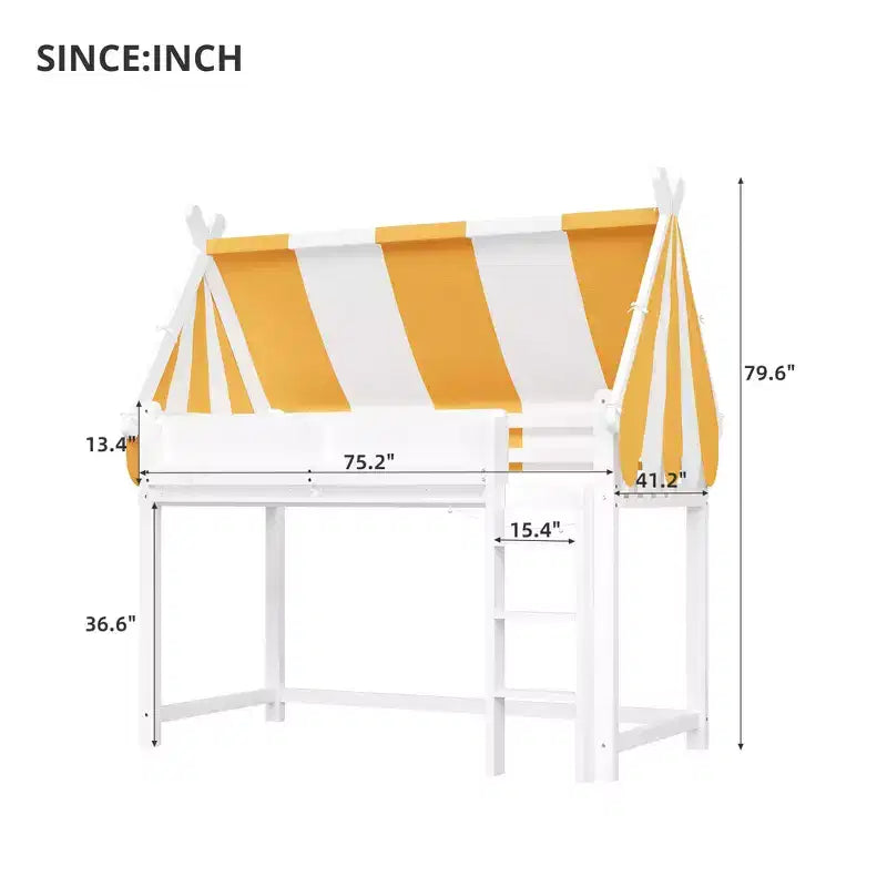 Cama alta con dosel a rayas grises/blancas con estantería y escalera, individual/matrimonial, para 1 persona