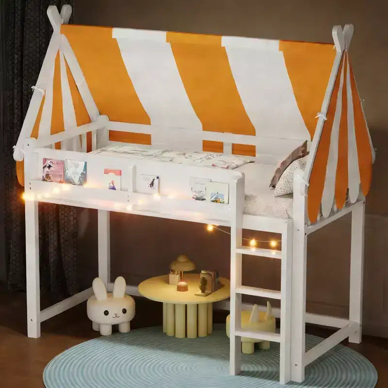 Cama alta con dosel a rayas grises/blancas con estantería y escalera, individual/matrimonial, para 1 persona