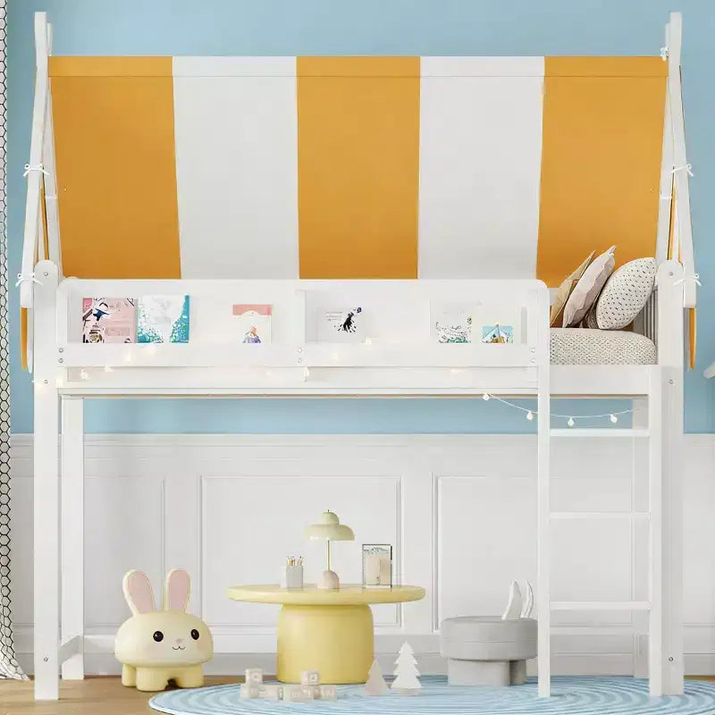 Cama alta con dosel a rayas grises/blancas con estantería y escalera, individual/matrimonial, para 1 persona