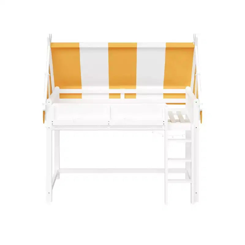 Cama alta con dosel a rayas grises/blancas con estantería y escalera, individual/matrimonial, para 1 persona