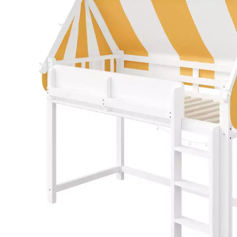 Cama alta con dosel a rayas grises/blancas con estantería y escalera, individual/matrimonial, para 1 persona