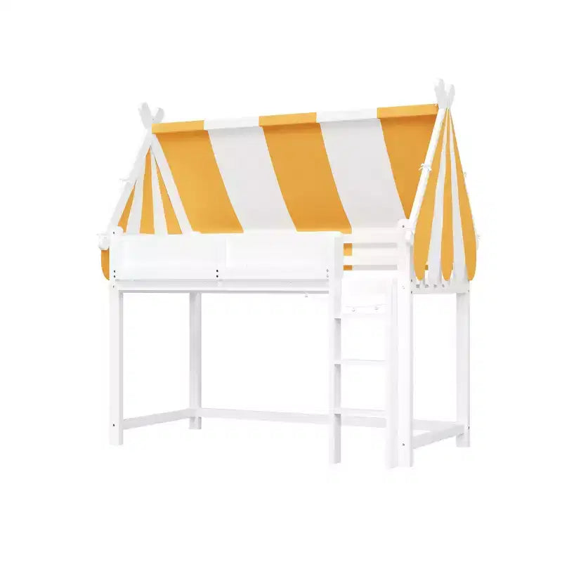 Cama alta con dosel a rayas grises/blancas con estantería y escalera, individual/matrimonial, para 1 persona