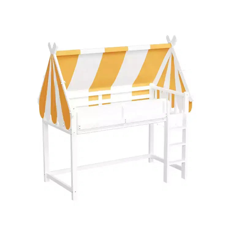 Cama alta con dosel a rayas grises/blancas con estantería y escalera, individual/matrimonial, para 1 persona