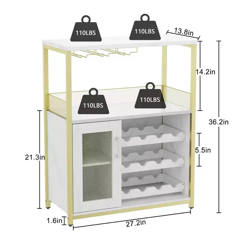 Gabinete de barra de vinos dorado de 3 niveles con puerta de malla y soportes para copas