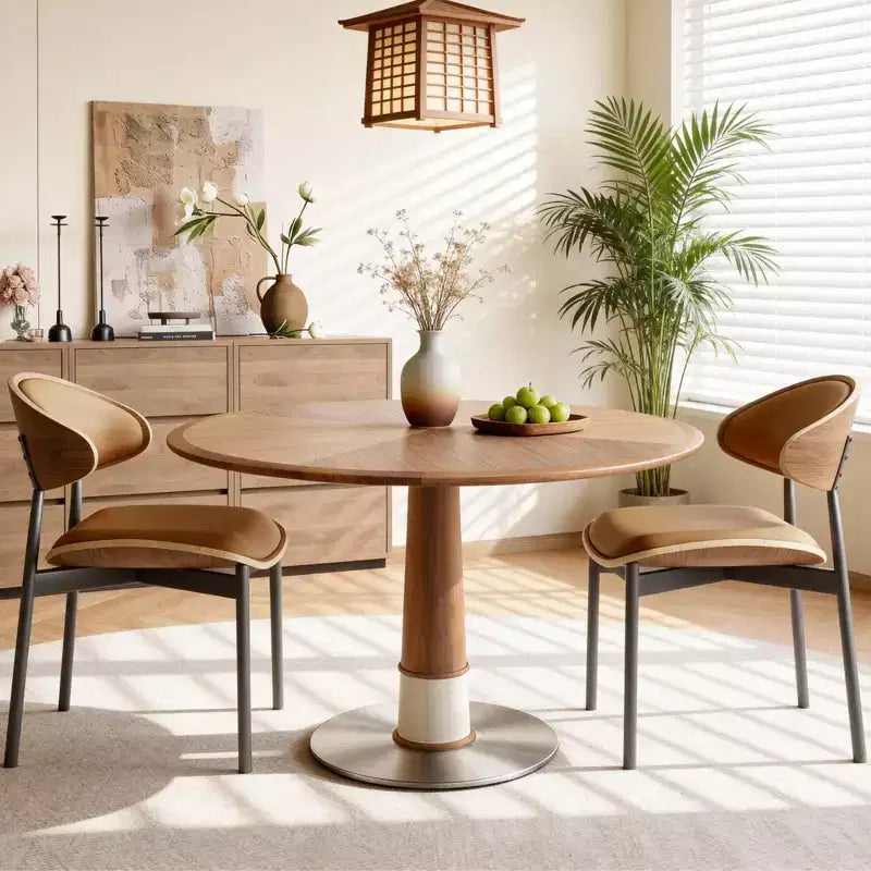 Mesa de comedor redonda marrón, base de pedestal, para 4 personas