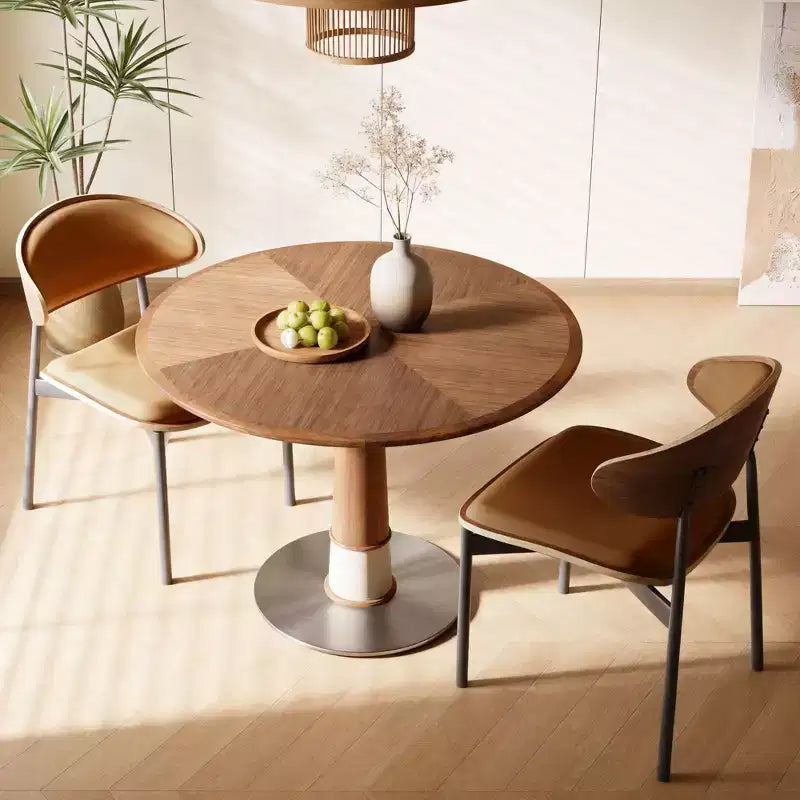 Mesa de comedor redonda marrón, base de pedestal, para 4 personas