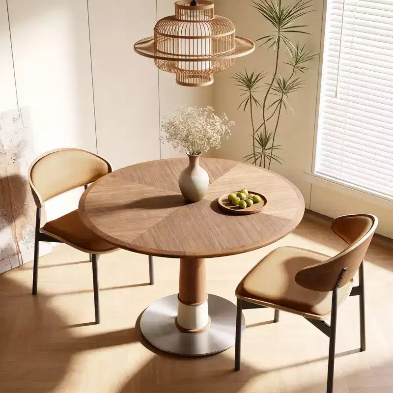 Mesa de comedor redonda marrón, base de pedestal, para 4 personas