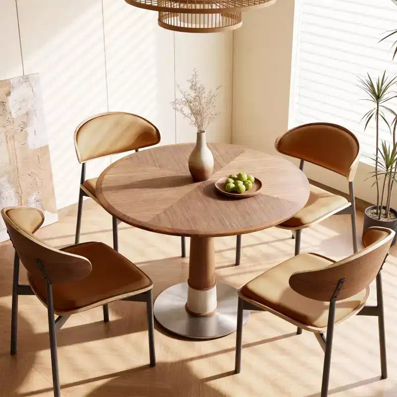Mesa de comedor redonda marrón, base de pedestal, para 4 personas