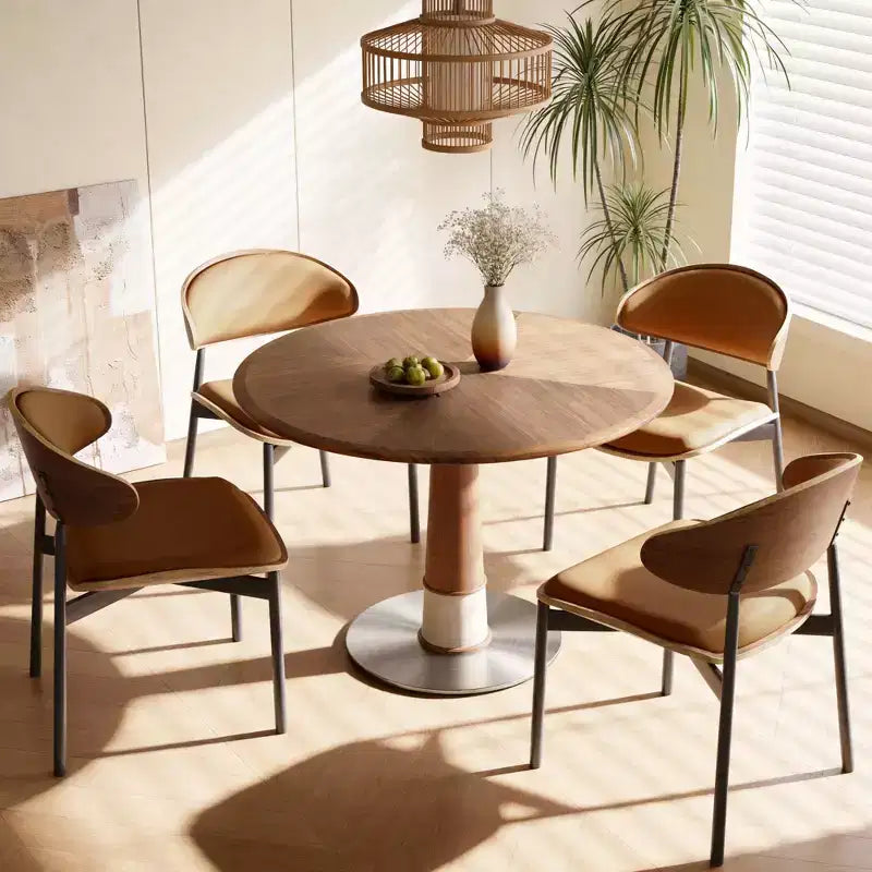 Mesa de comedor redonda marrón, base de pedestal, para 4 personas