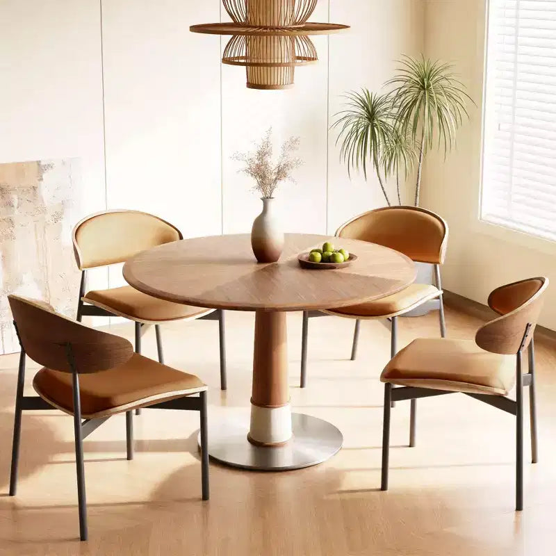 Mesa de comedor redonda marrón, base de pedestal, para 4 personas