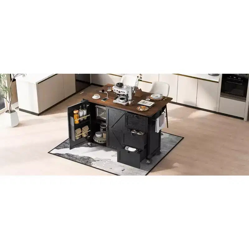 Isla de cocina rústica en negro/gris azulado/blanco con extensión plegable, con capacidad para 2 personas