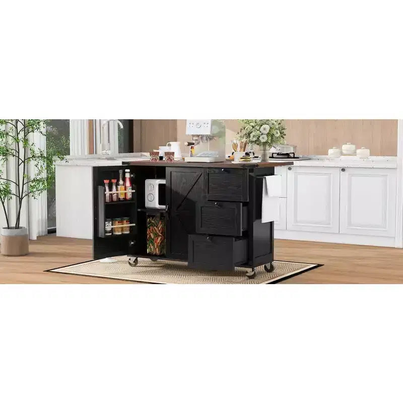 Isla de cocina rústica en negro/gris azulado/blanco con extensión plegable, con capacidad para 2 personas