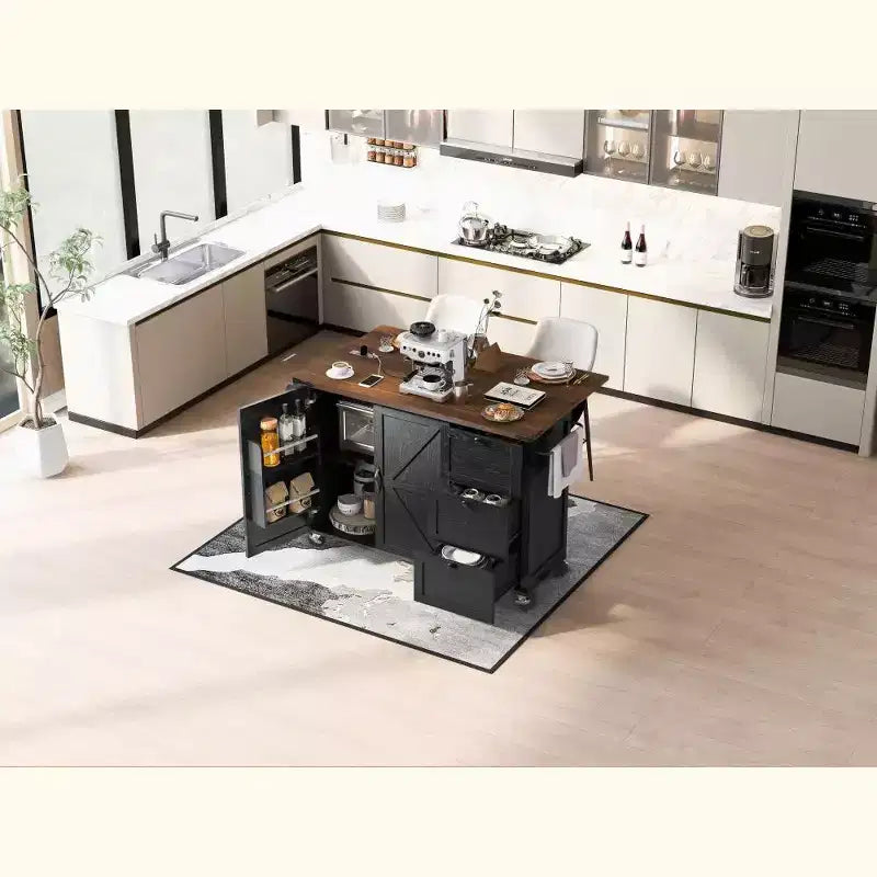Isla de cocina rústica en negro/gris azulado/blanco con extensión plegable, con capacidad para 2 personas