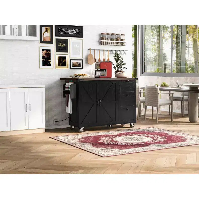 Isla de cocina rústica en negro/gris azulado/blanco con extensión plegable, con capacidad para 2 personas