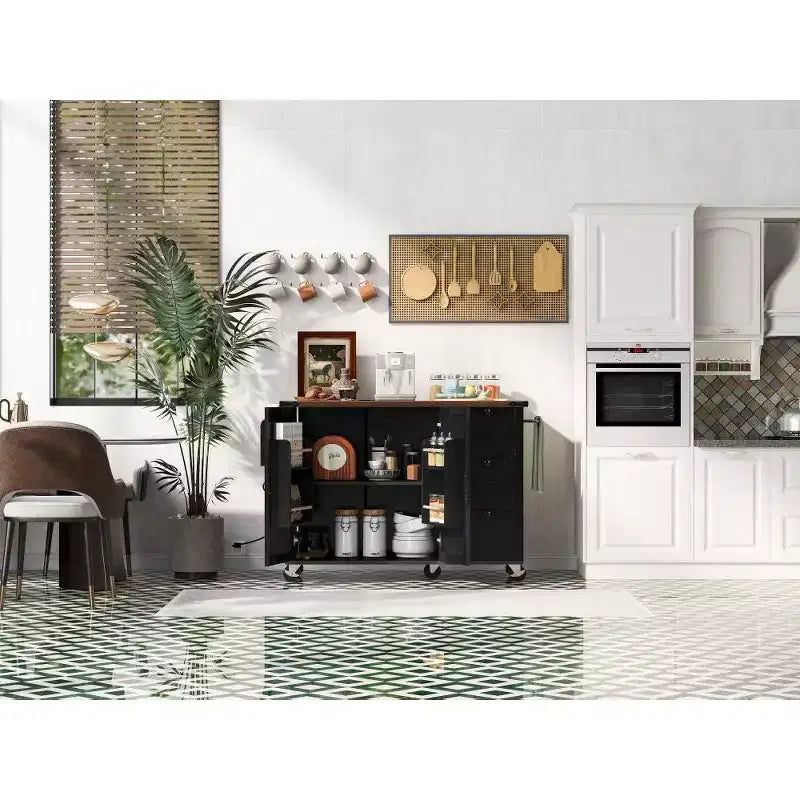 Isla de cocina rústica en negro/gris azulado/blanco con extensión plegable, con capacidad para 2 personas