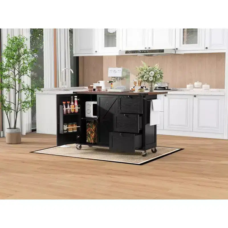 Isla de cocina rústica en negro/gris azulado/blanco con extensión plegable, con capacidad para 2 personas