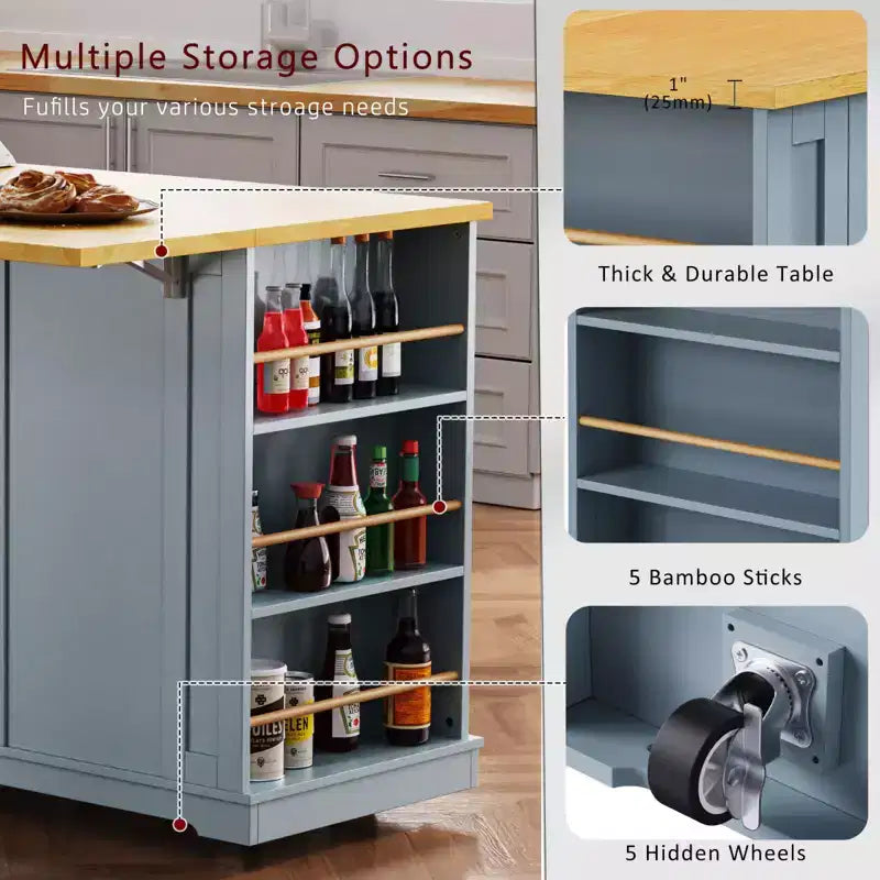 Isla de cocina rústica en negro/gris azulado/blanco con extensión plegable, con capacidad para 2 personas