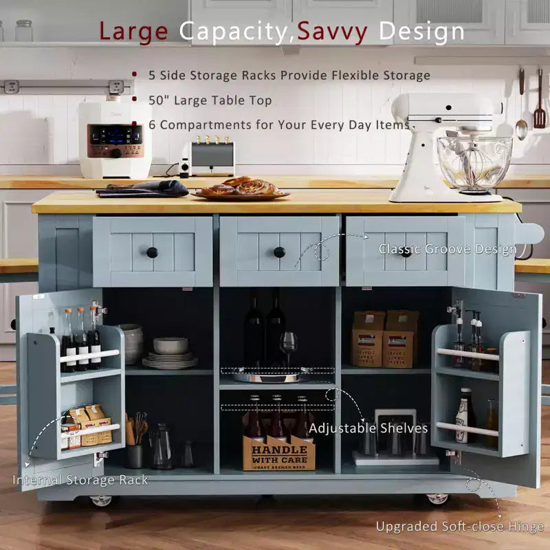 Isla de cocina rústica en negro/gris azulado/blanco con extensión plegable, con capacidad para 2 personas