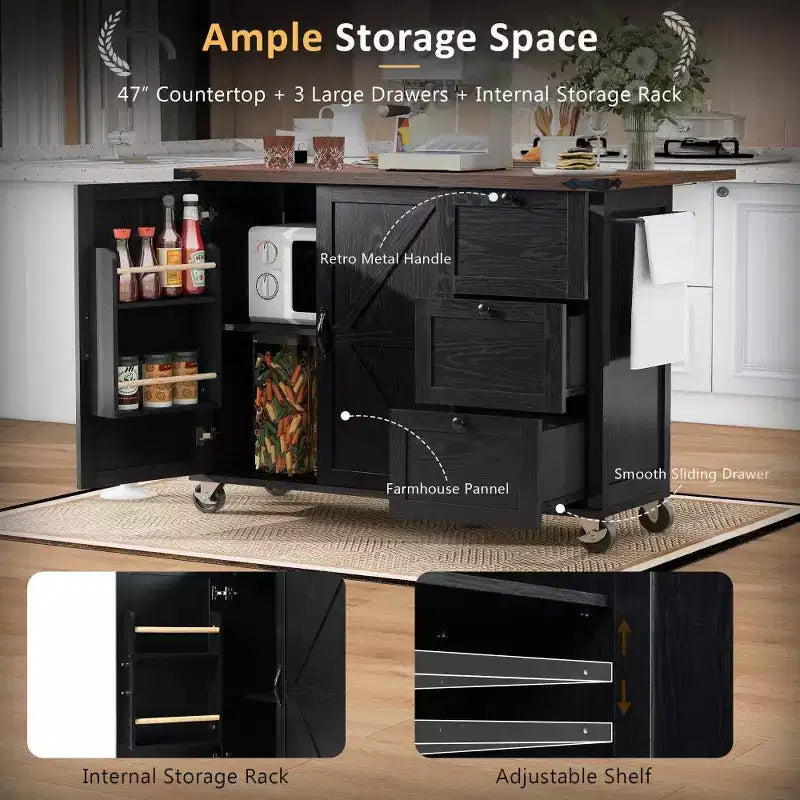 Isla de cocina rústica en negro/gris azulado/blanco con extensión plegable, con capacidad para 2 personas