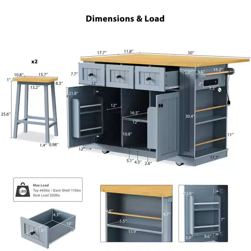 Isla de cocina rústica en negro/gris azulado/blanco con extensión plegable, con capacidad para 2 personas