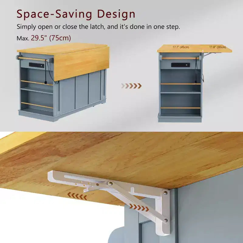 Isla de cocina rústica en negro/gris azulado/blanco con extensión plegable, con capacidad para 2 personas