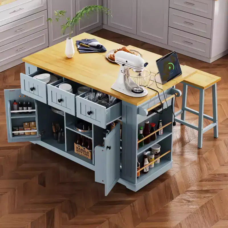 Isla de cocina rústica en negro/gris azulado/blanco con extensión plegable, con capacidad para 2 personas