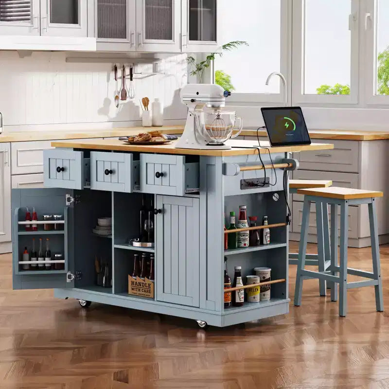 Isla de cocina rústica en negro/gris azulado/blanco con extensión plegable, con capacidad para 2 personas