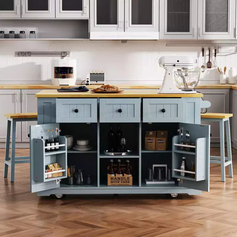 Isla de cocina rústica en negro/gris azulado/blanco con extensión plegable, con capacidad para 2 personas