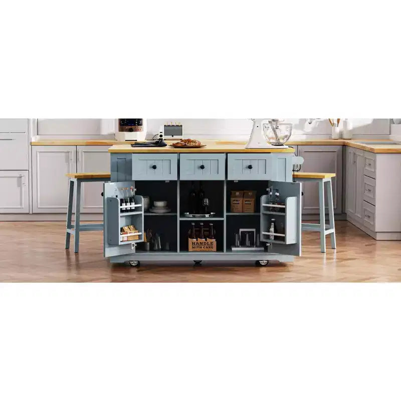 Isla de cocina rústica en negro/gris azulado/blanco con extensión plegable, con capacidad para 2 personas