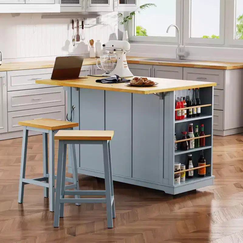 Isla de cocina rústica en negro/gris azulado/blanco con extensión plegable, con capacidad para 2 personas