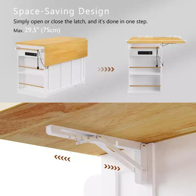 Isla de cocina rústica en negro/gris azulado/blanco con extensión plegable, con capacidad para 2 personas